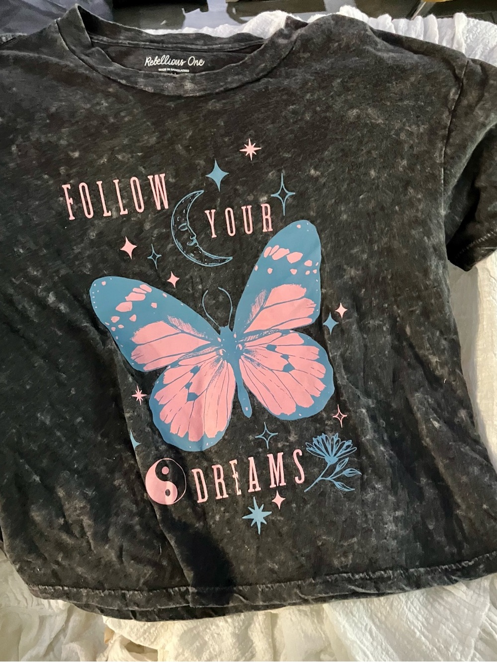 Rebellious One Black Tee with Pink & Blue Butterfly Graphic